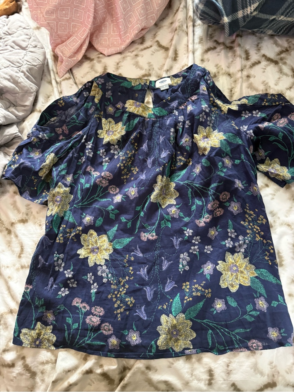Old Navy Navy Floral Cold-Shoulder Blouse with Yellow and Green Accents